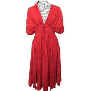 Nordstrom Plunging V Dolman Sleeve Tie Waist Burnt/Red Orange kaftan Puff S